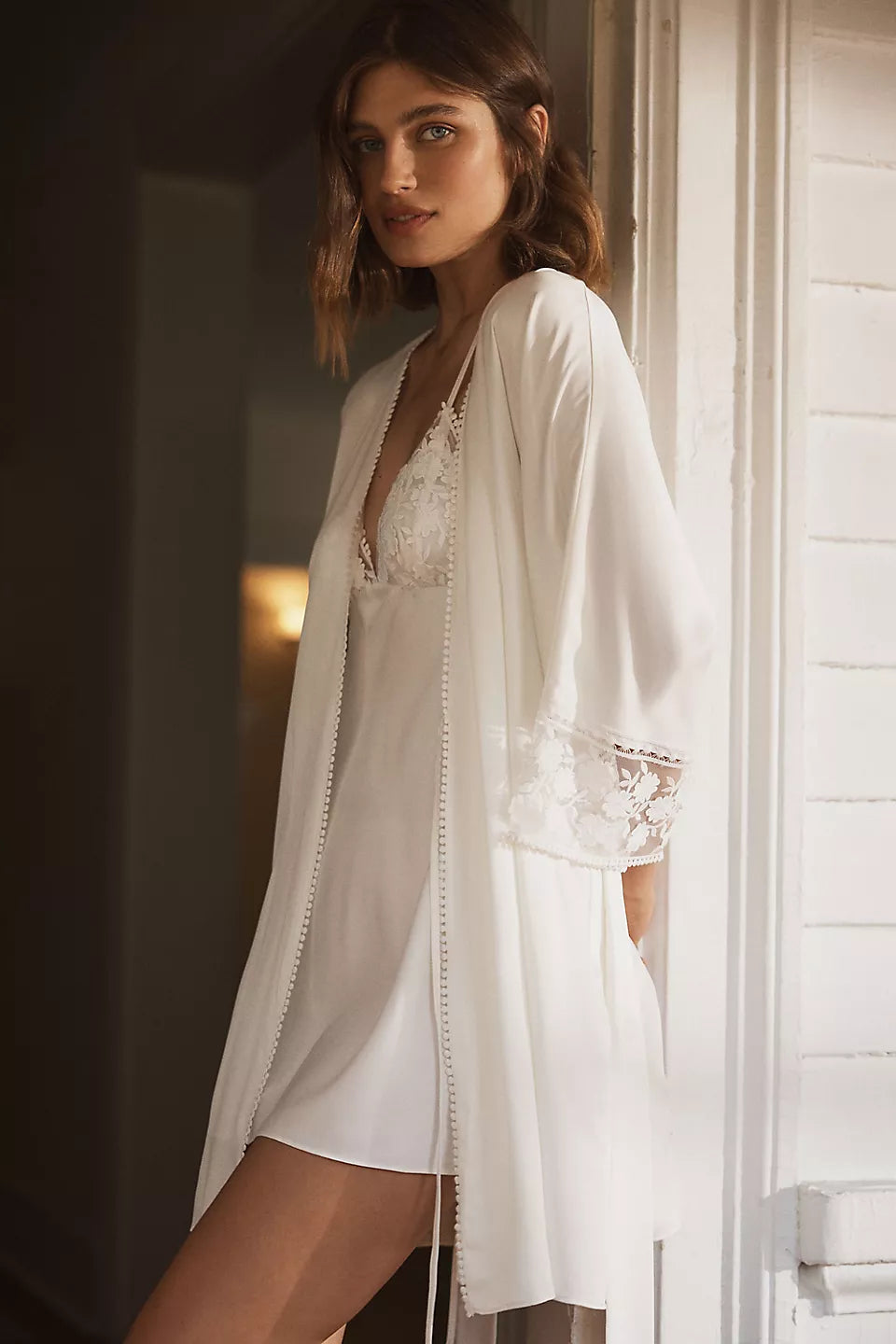 Night Wear Robe in Viscose Modal with Lace Trims