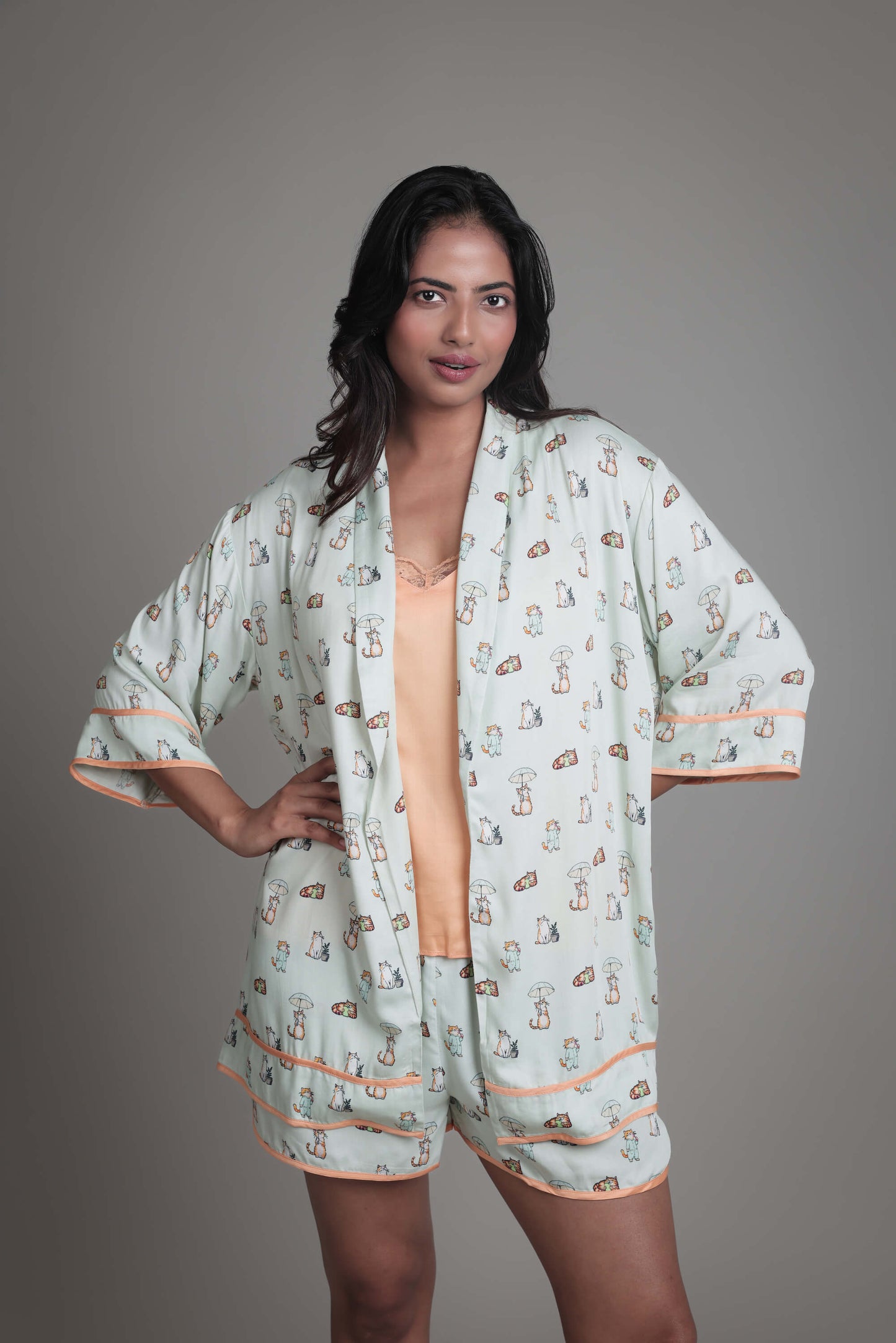 Night Wear Robe in Viscose Modal with Lace Trims