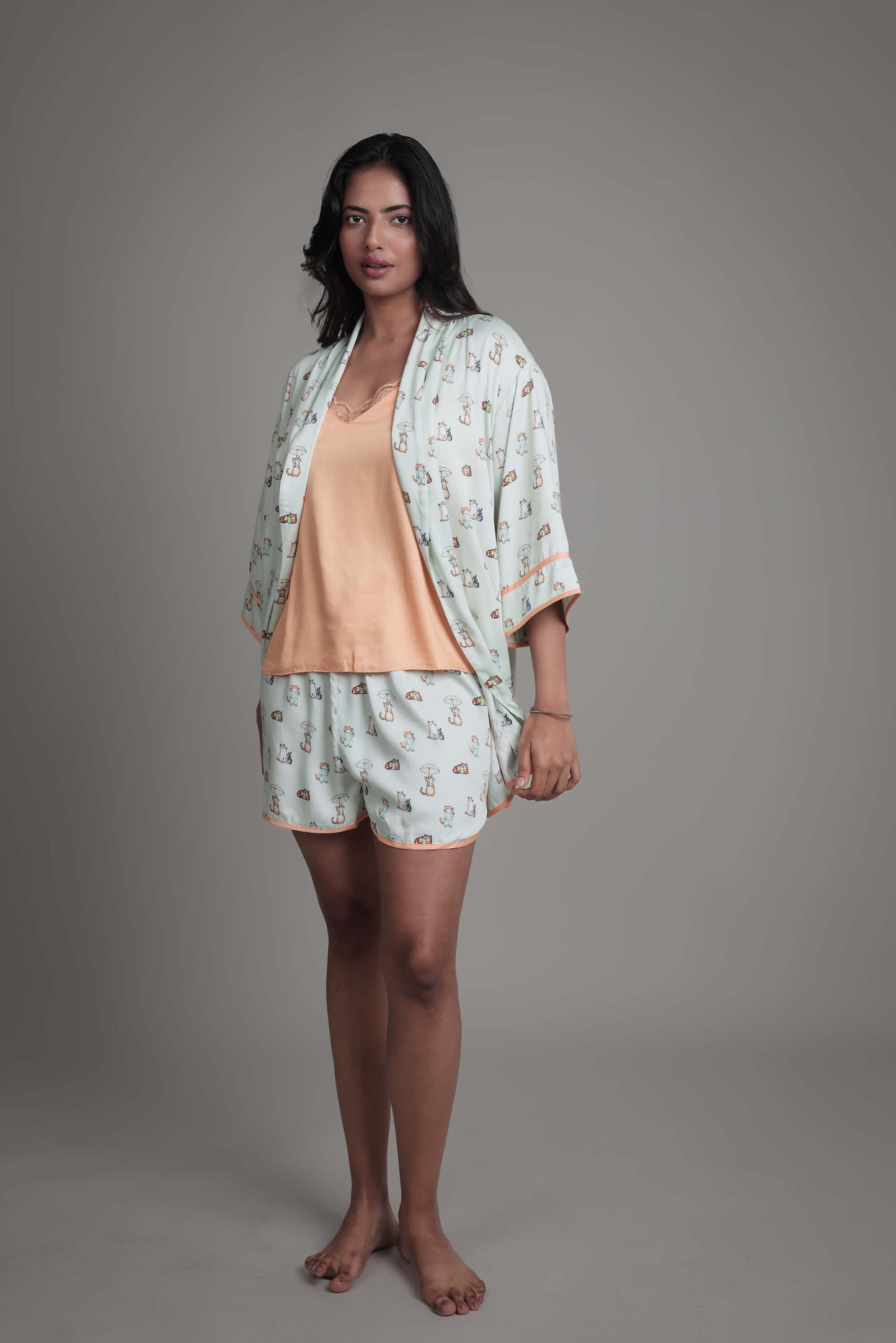 Night Wear Robe in Viscose Modal with Lace Trims